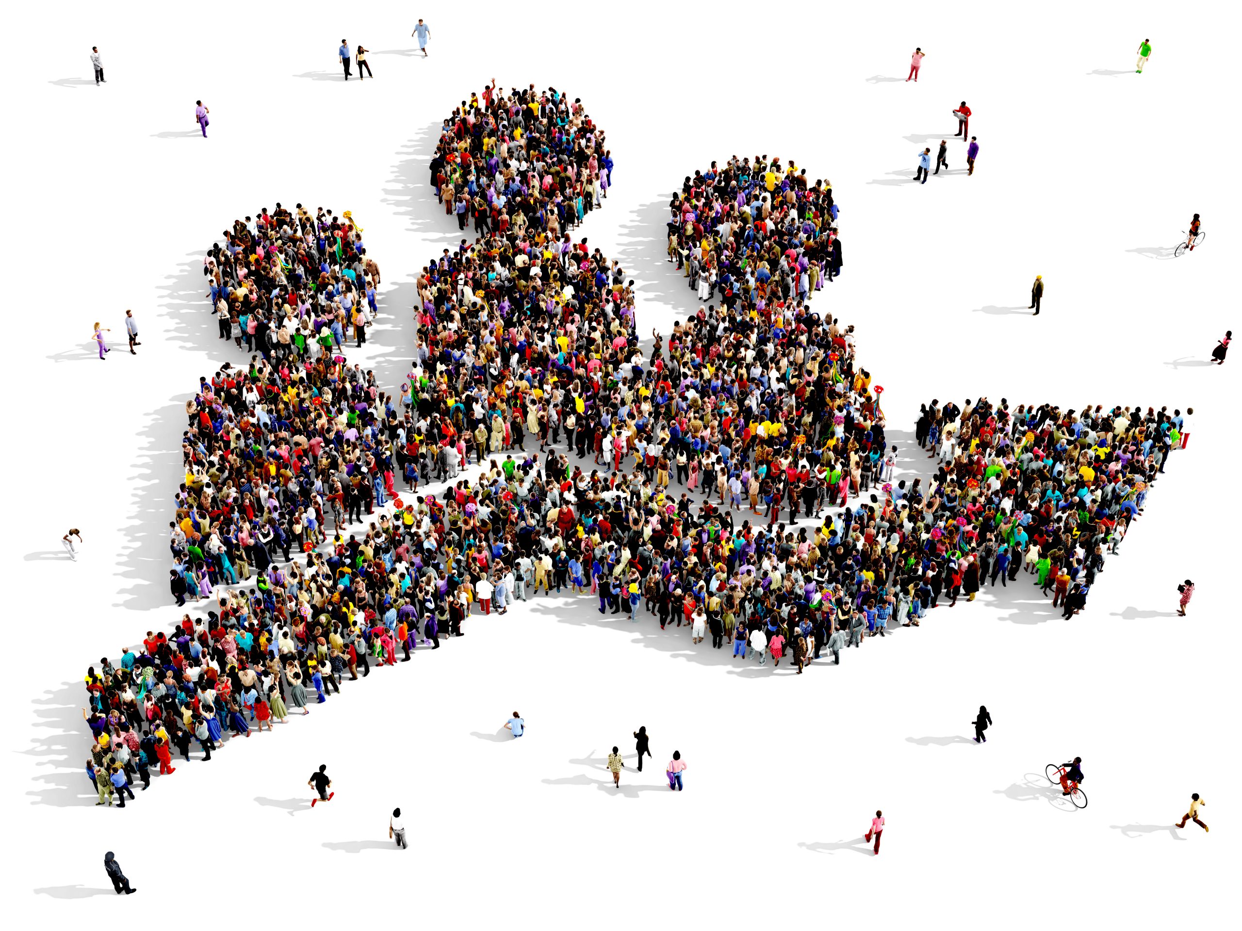 aerial view photo of a group of people forming an image of an arrow going up with icon of people symbolizing growth