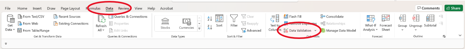 Select Data Validation in Spreadsheet